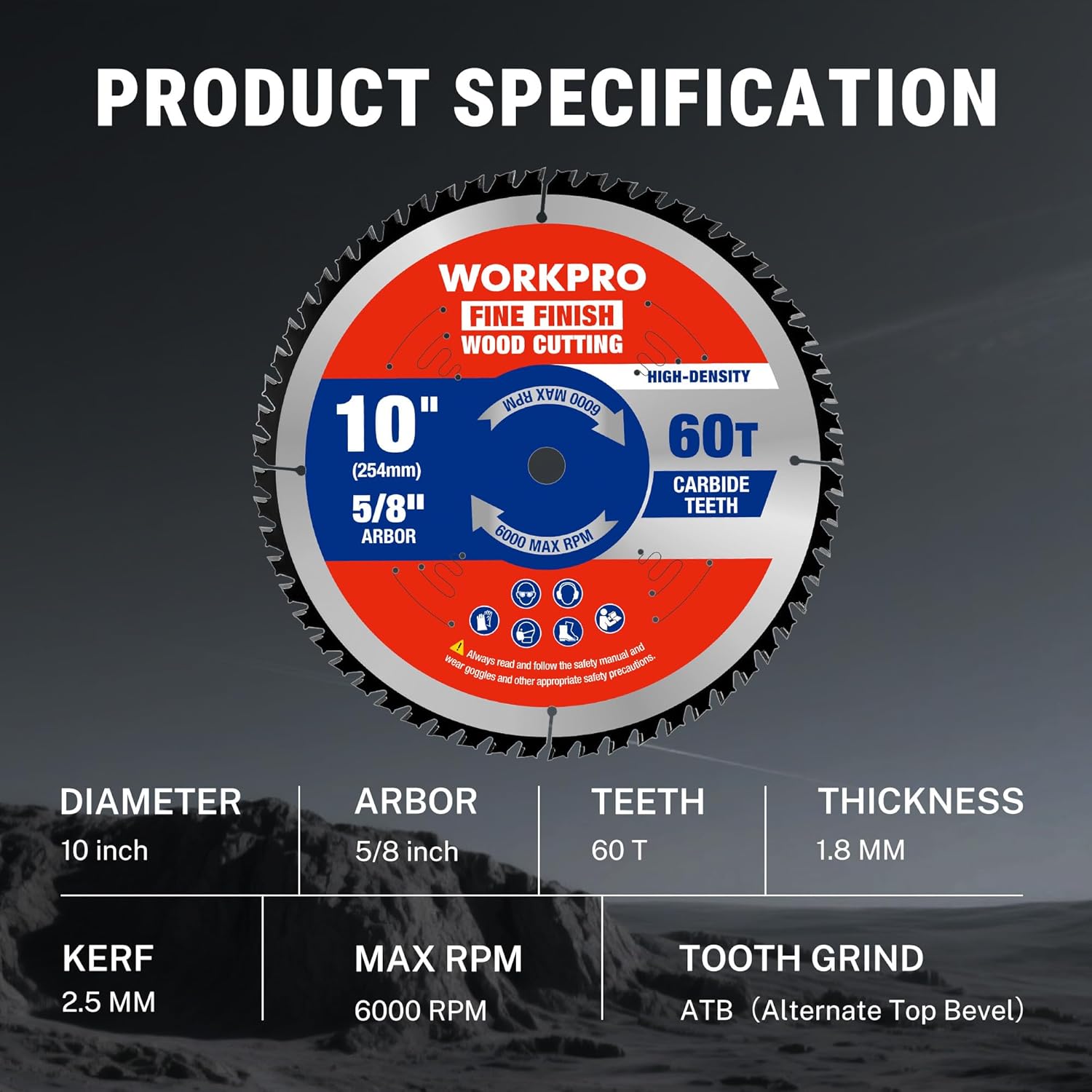10-inch 60T circular saw blade with 5/8 in arbor and 1.8 mm thickness (spec view)