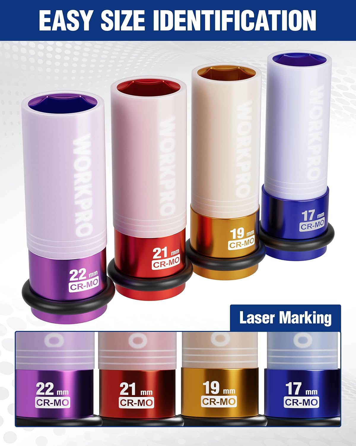 1/2 in drive lug nut sockets showing size marking, includes 22mm purple
