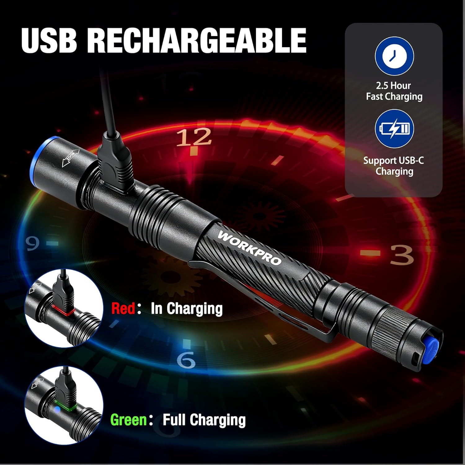 USB-C rechargeable black WORKPRO pen flashlight with charging cable and charge status indicator