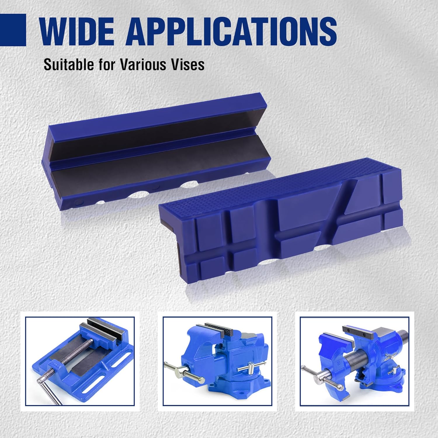 Blue TPU vise jaw pad set with dual gripping faces for workholding on vises
