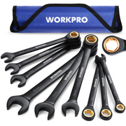 WORKPRO 9-piece black ratcheting combination wrench set with gold socket ends, laid out