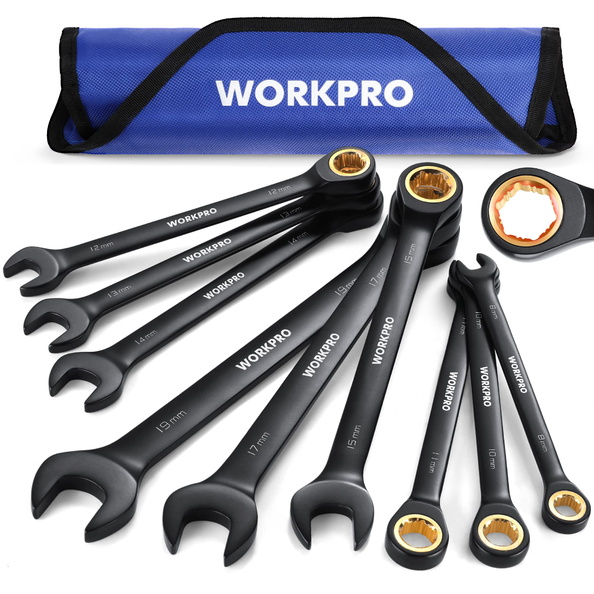 WORKPRO 9-piece black ratcheting combination wrench set with gold socket ends, laid out