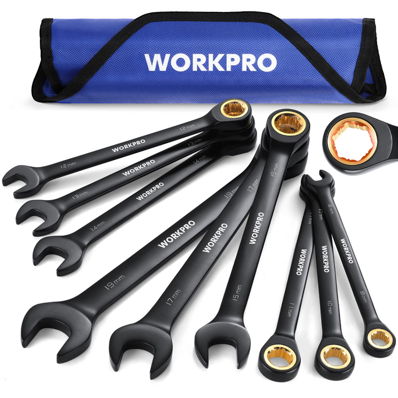 WORKPRO 9 Pcs Black Anti-Slip Ratcheting Combination Wrench Set, Metric 8-19 mm, SAE 1/4"-3/4", 72-Teeth, Cr-V Constructed