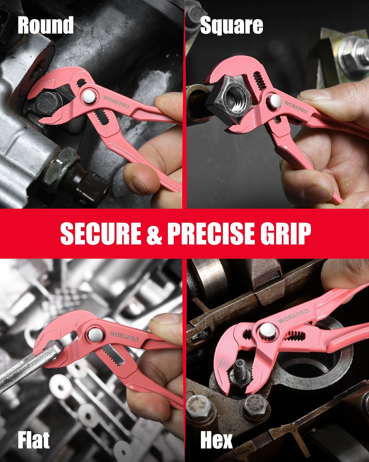 Pink mini water pump pliers with secure grip across round, square, flat, hex parts