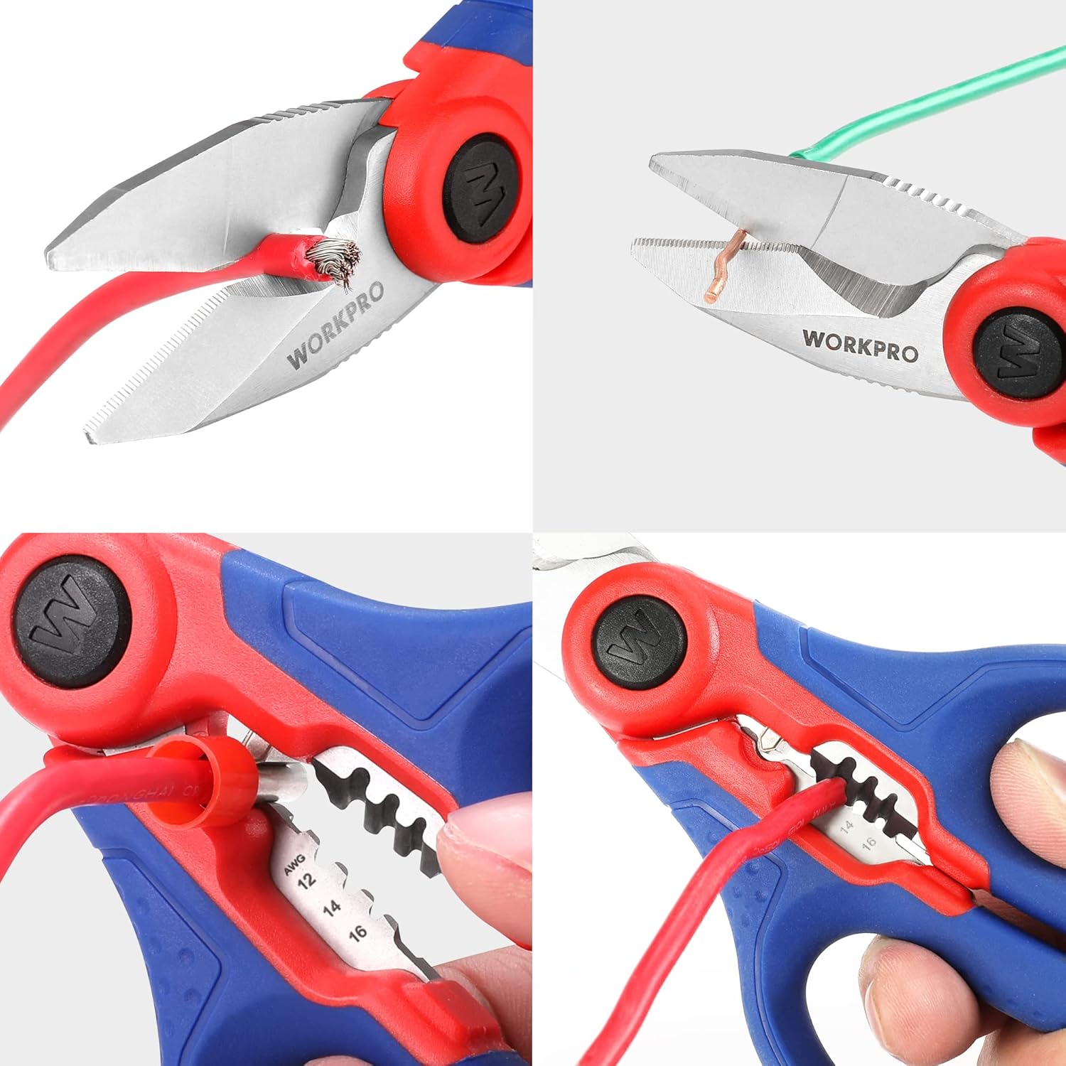 Wire stripper and cutting blades with red comfort grip, blue ergonomic handle