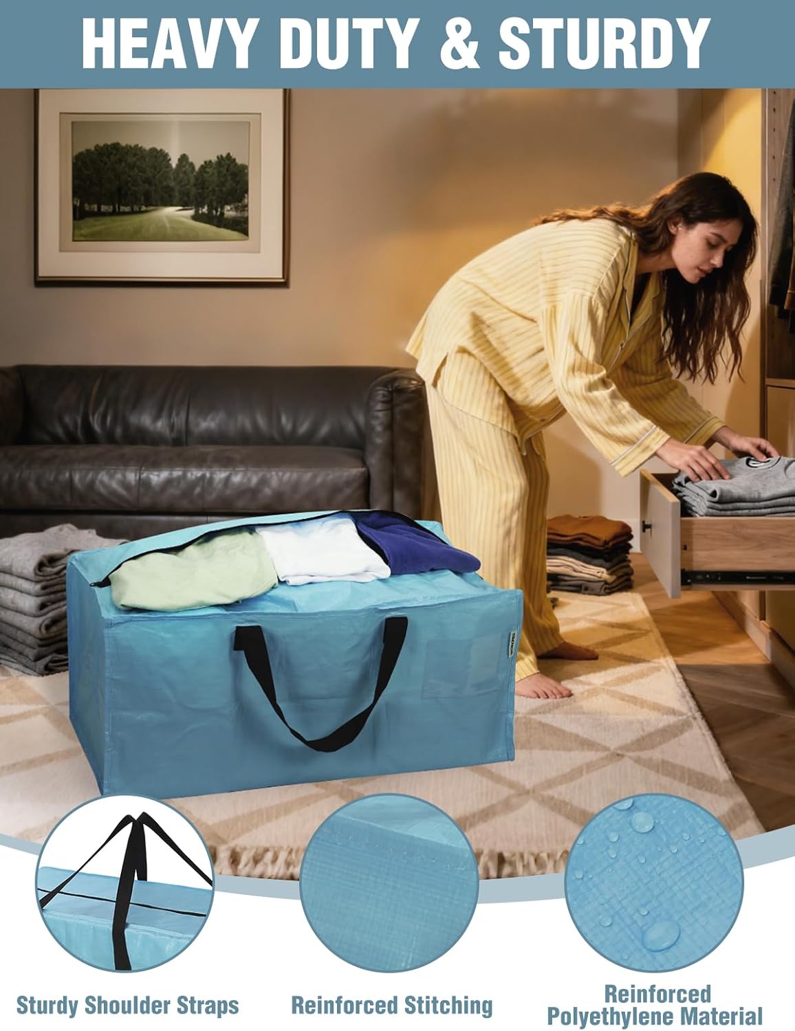 Dusty blue heavy-duty storage tote with black shoulder straps and reinforced stitching.