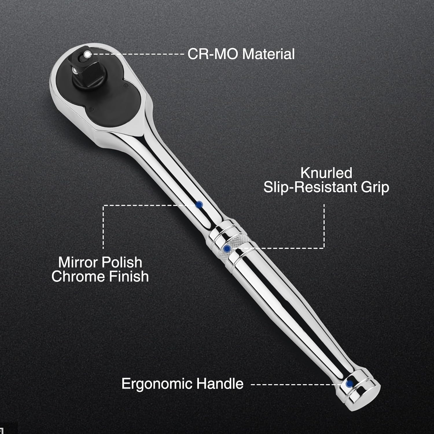 Chrome ratchet wrench with mirror-polished finish and slip-resistant knurled grip