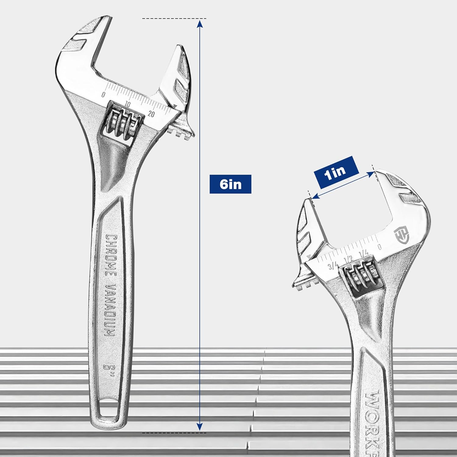 6-inch adjustable wrench with inch scale and adjustable jaw opening