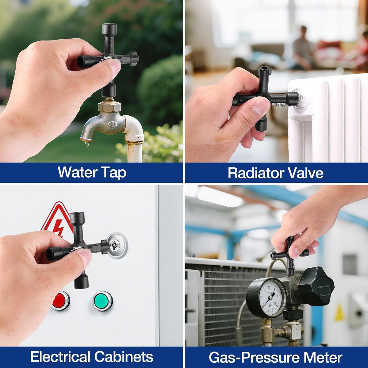 Utility shutoff key in hand on plumbing valves and fittings with black 4-way head