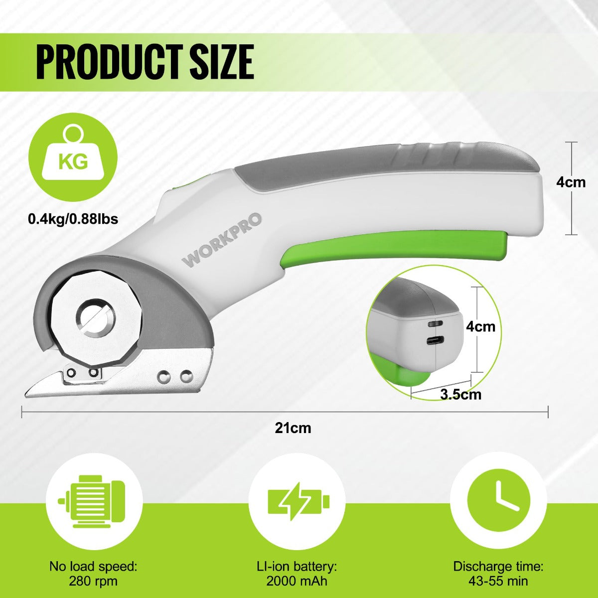 Cordless electric scissors with white and green body, gray blade guard, side control dial