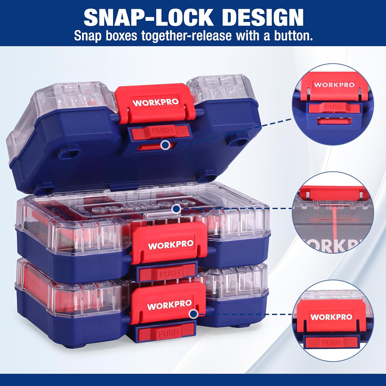 Blue and red snap-lock small parts organizer case with clear top lid and latch tabs