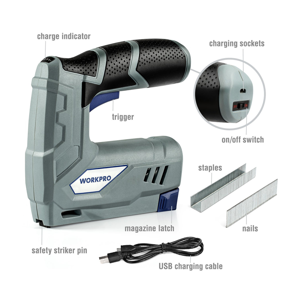 WORKPRO 3.6V Electric Staple Nail Gun in gray and black with USB charging cable, secure trigger