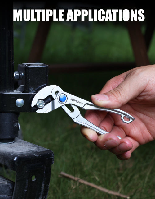 Hand holding a multi tool with innovation and quality markings, jaws and blue button visible outdoors