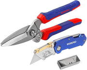 Folding utility knife and utility shears set with blue-and-red handles and extra blades