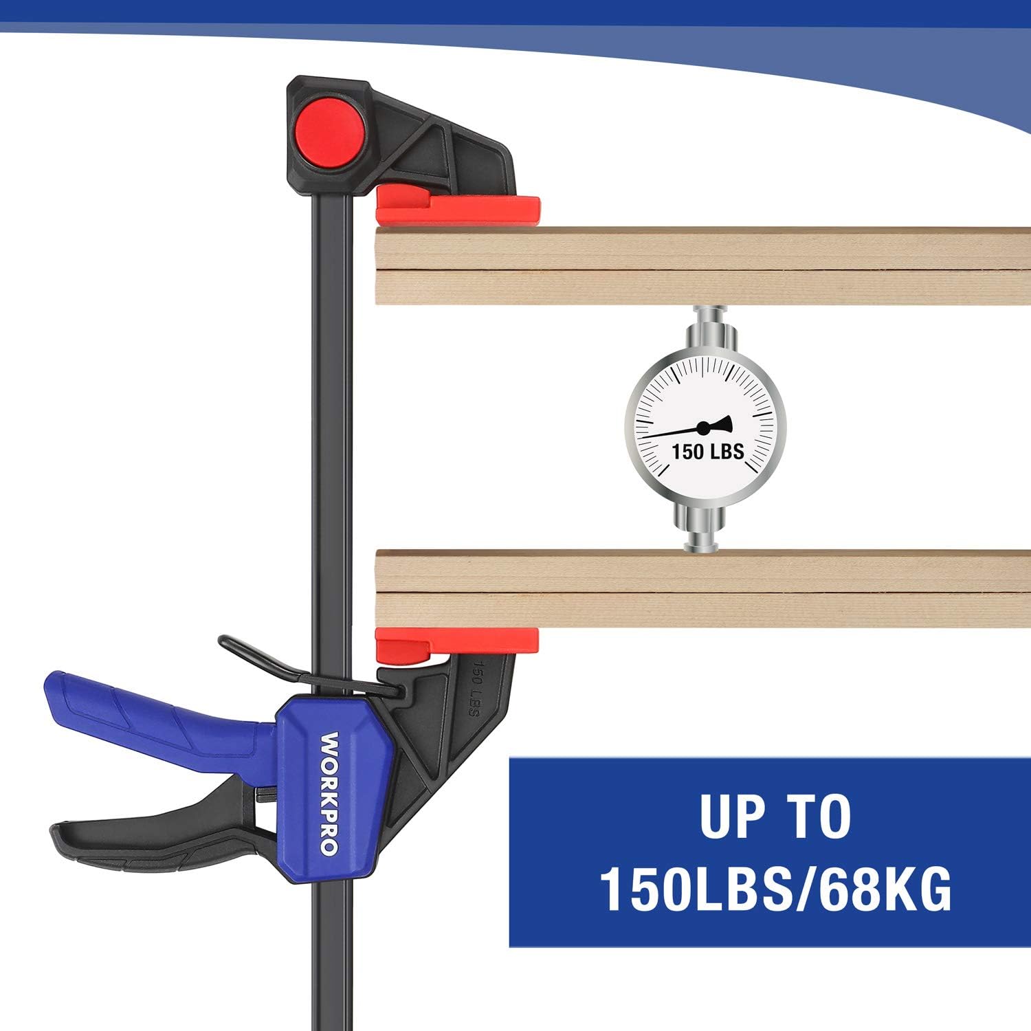 WORKPRO 12in F clamp pair with quick-release trigger, red pads, blue handles