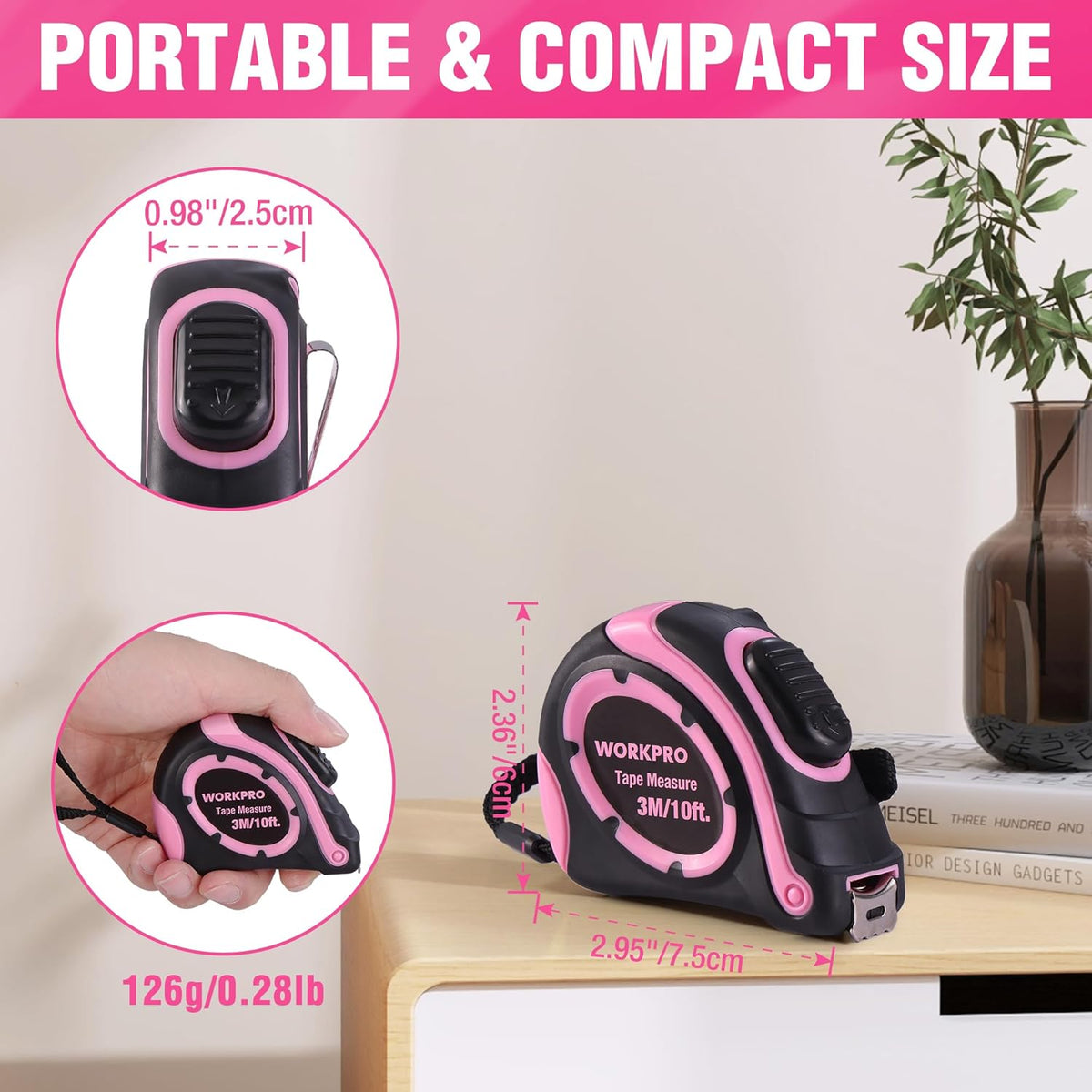Pink-and-black WORKPRO tape measure compact housing with belt clip and wrist strap