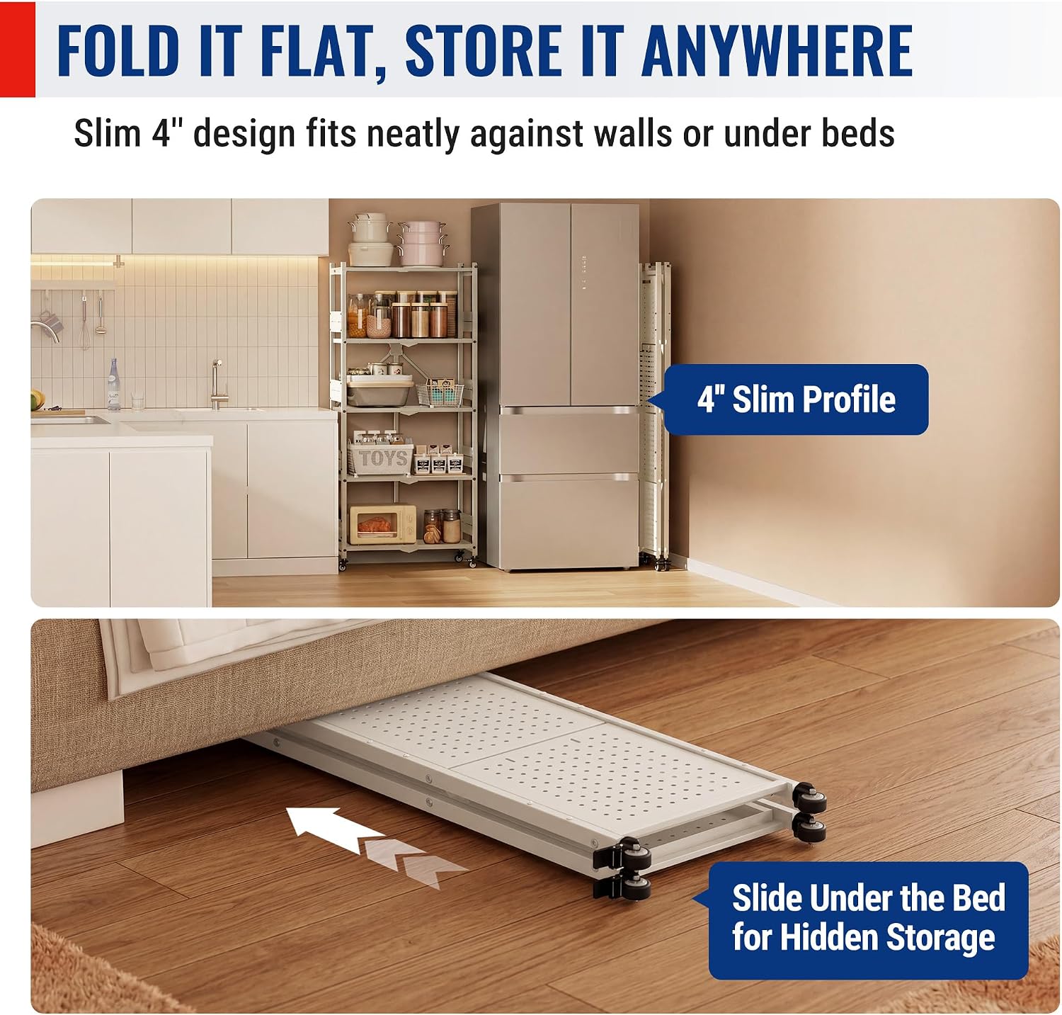 White slim-profile folding storage rack that slides under beds, wheeled base.