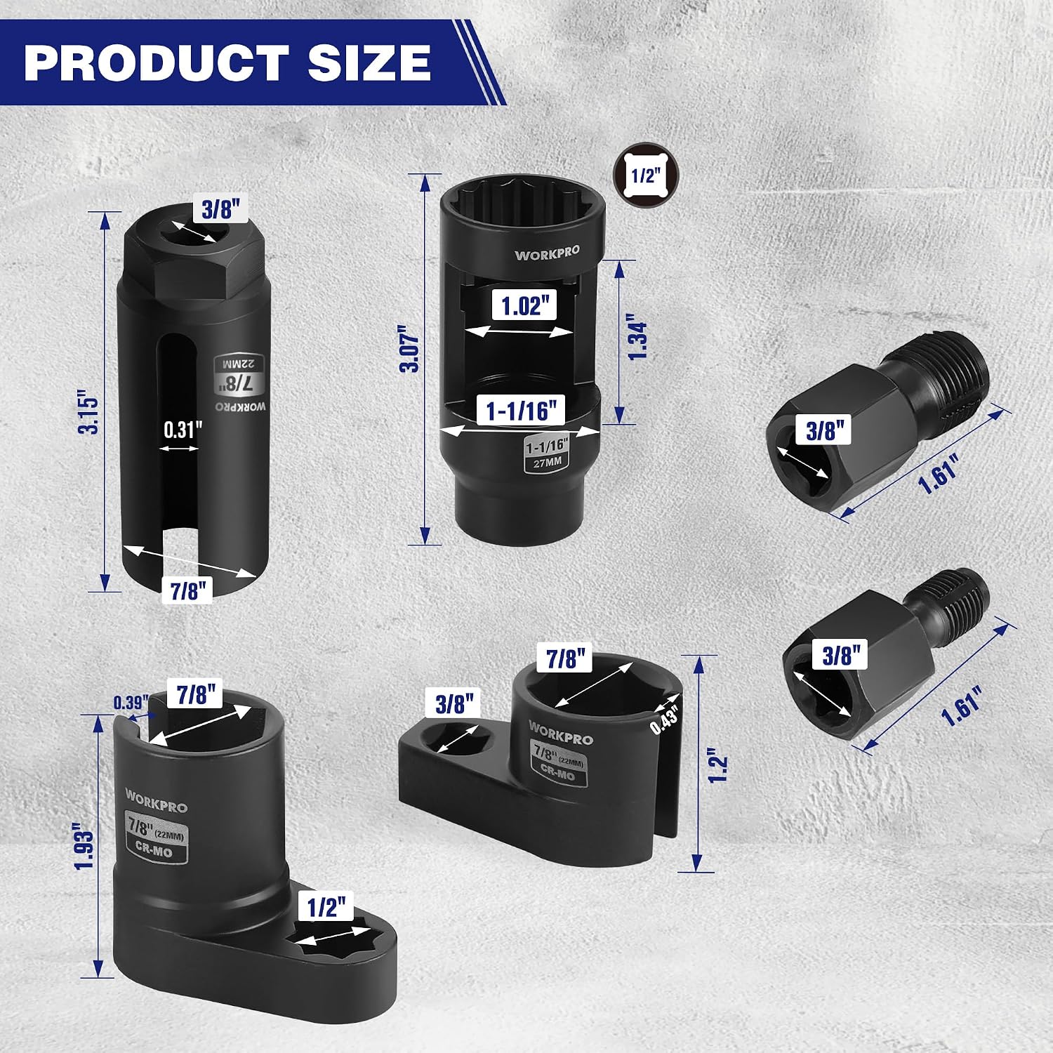 Oxygen sensor socket sizes diagram with 3/8 and 1/2 drive black sockets