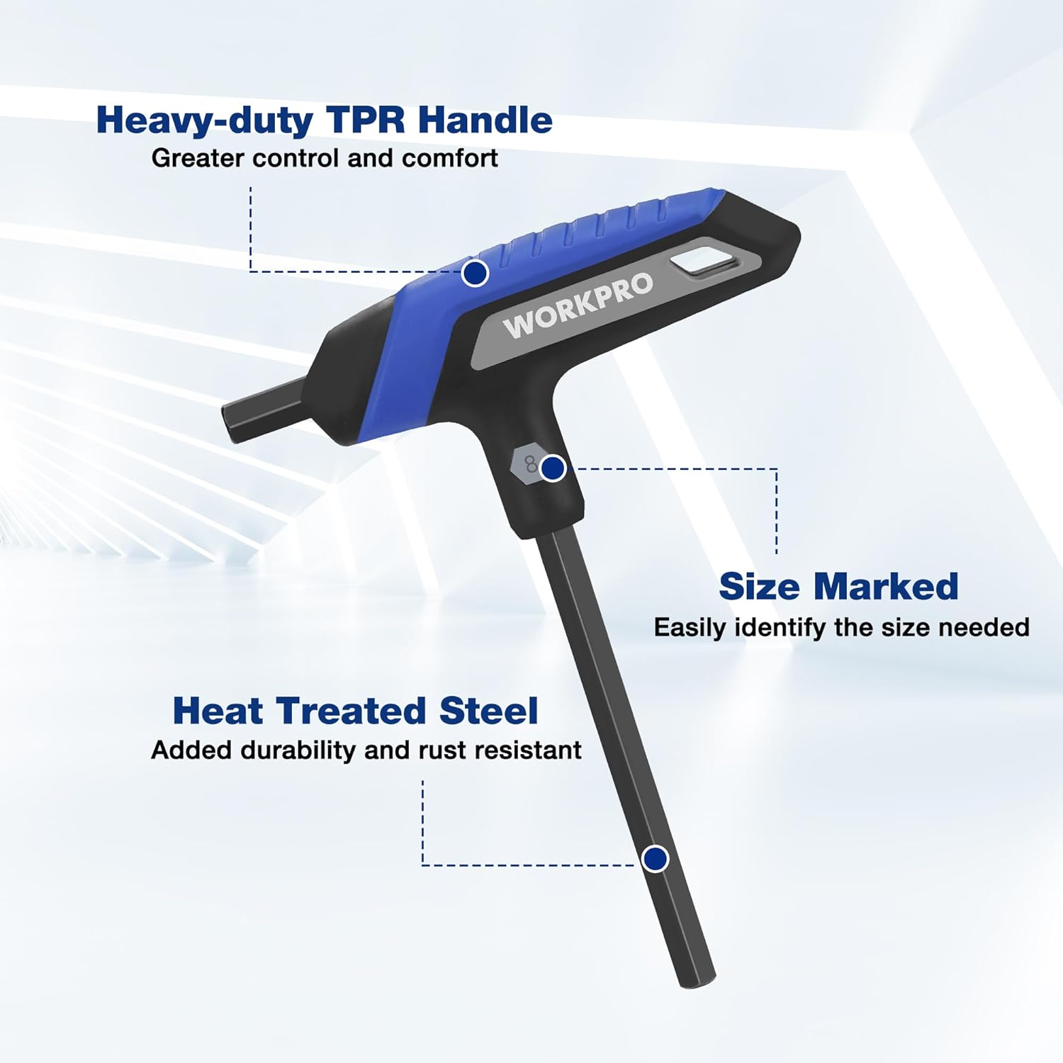 Blue and black T-handle hex key wrench with size-marked handle and steel shaft