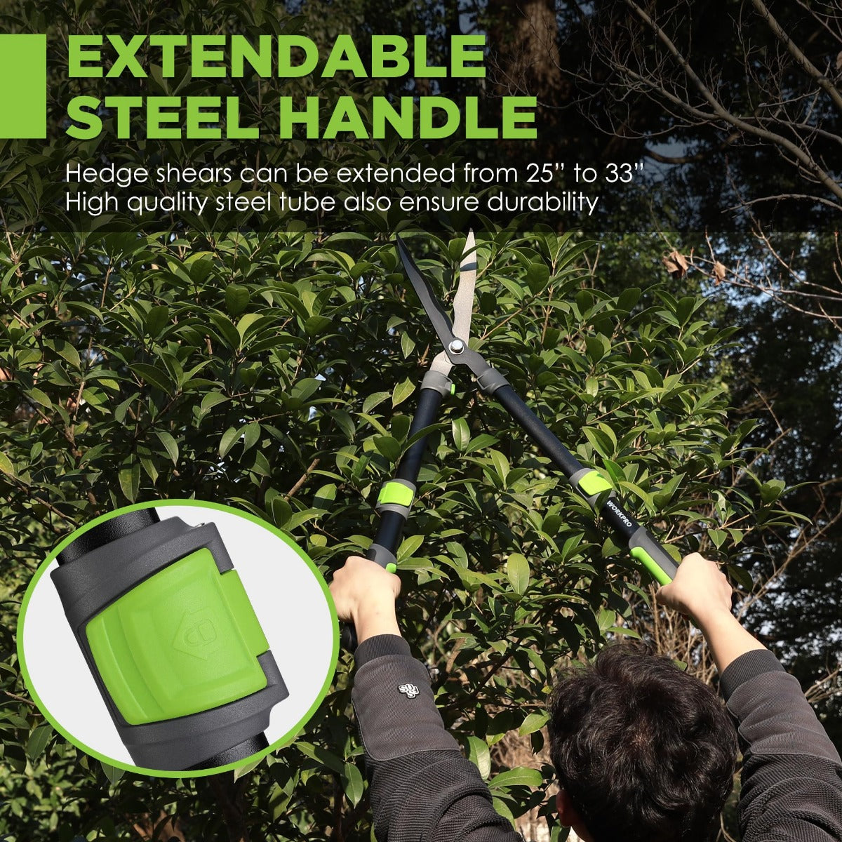 Manual hedge trimmer with wavy steel blade and extendable black handle, green grips
