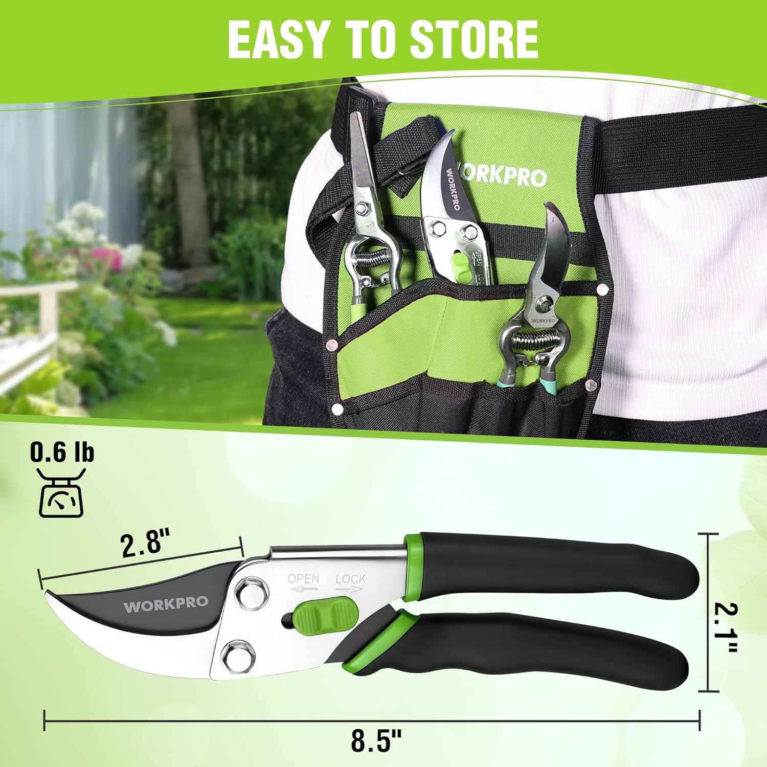 Bypass pruning shears with black-green handles, shown with storage pouch and size markings