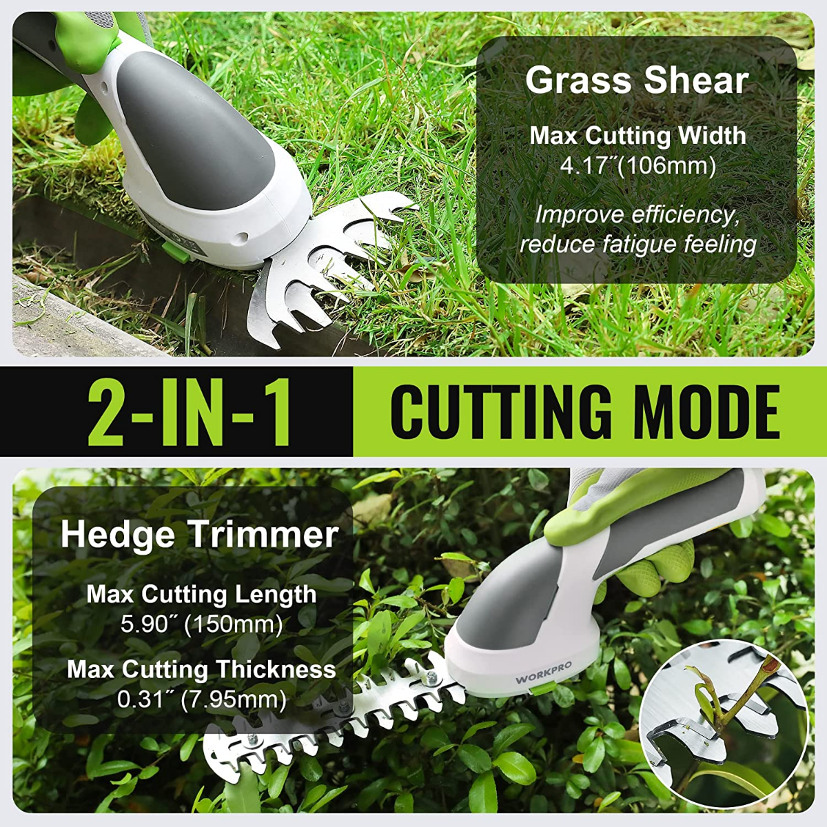 White and gray cordless 2-in-1 grass shear and hedge trimmer with dual blades