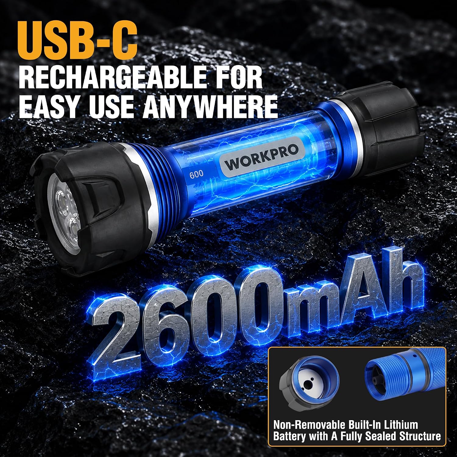 Blue and black USB-C rechargeable LED flashlight with front beam lens and grip.