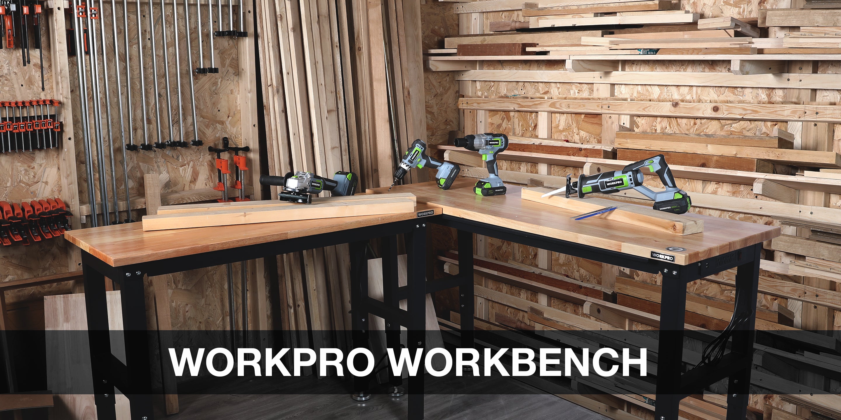 Workbench in a woodshop with power tools, lumber boards, and clamps, showing innovation and quality