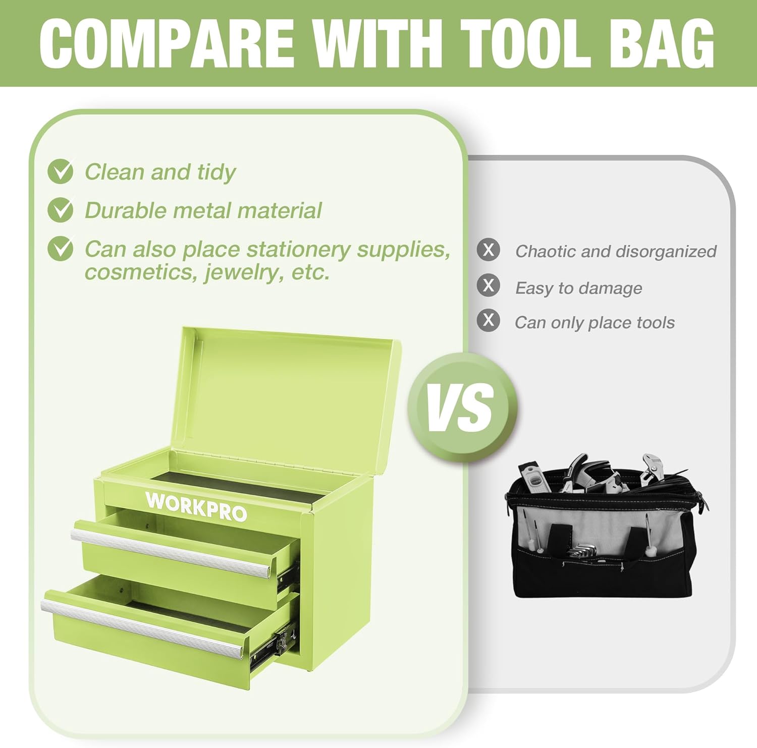 WORKPRO macaron green mini toolbox with open lid and two drawers for compact storage