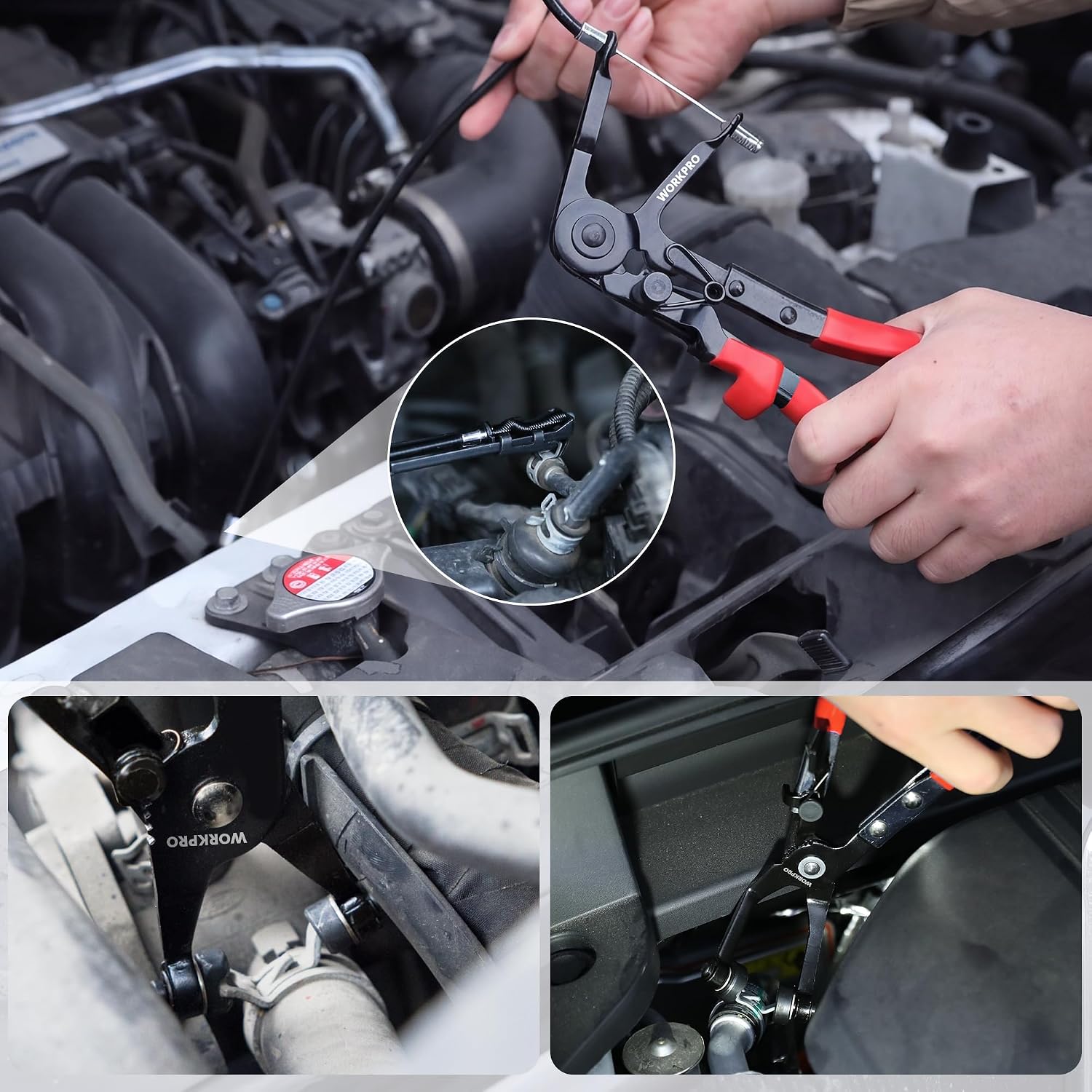 Red-handled hose clamp pliers being used on an engine hose connection