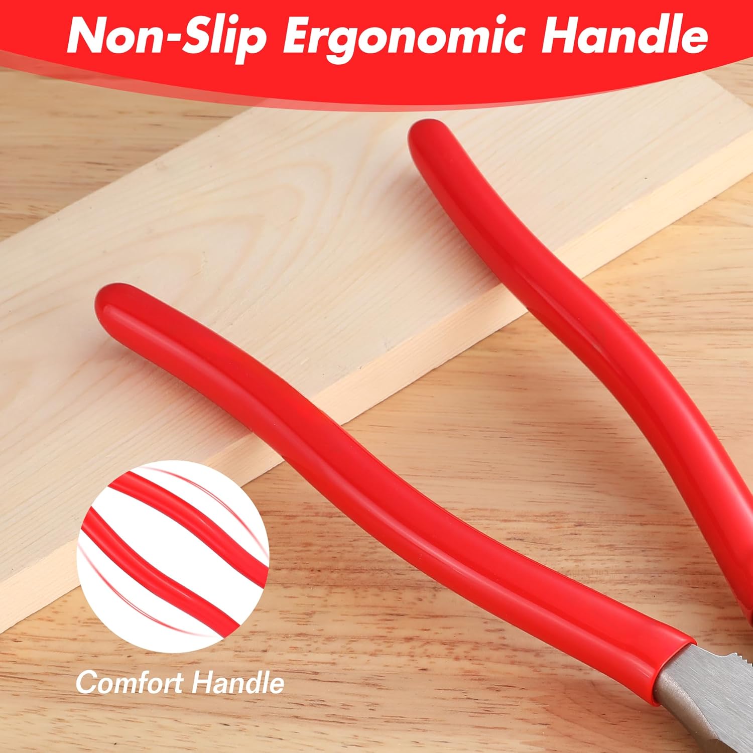 Red non-slip ergonomic handle fence pliers with steel jaws