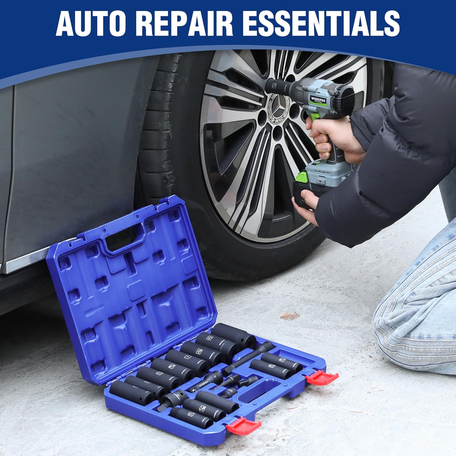 WORKPRO socket set on blue case beside car wheel, for auto repair tools and drive sockets