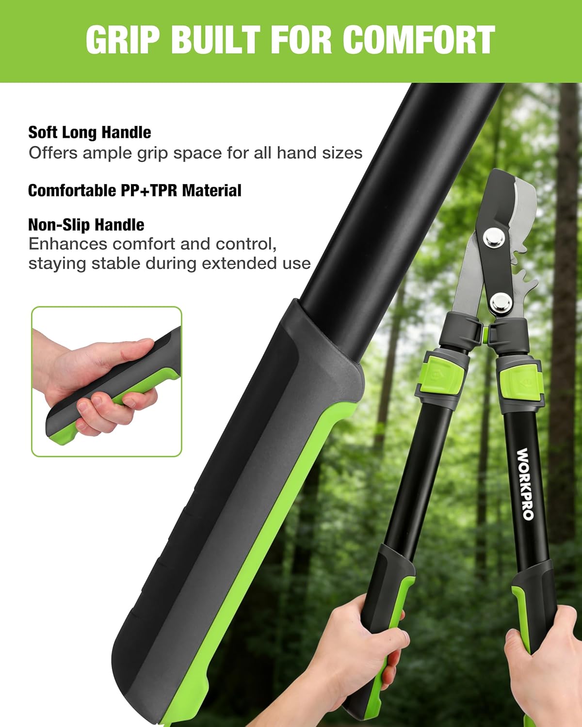 Extendable lopper with long soft handle and non-slip black grips with lime accents