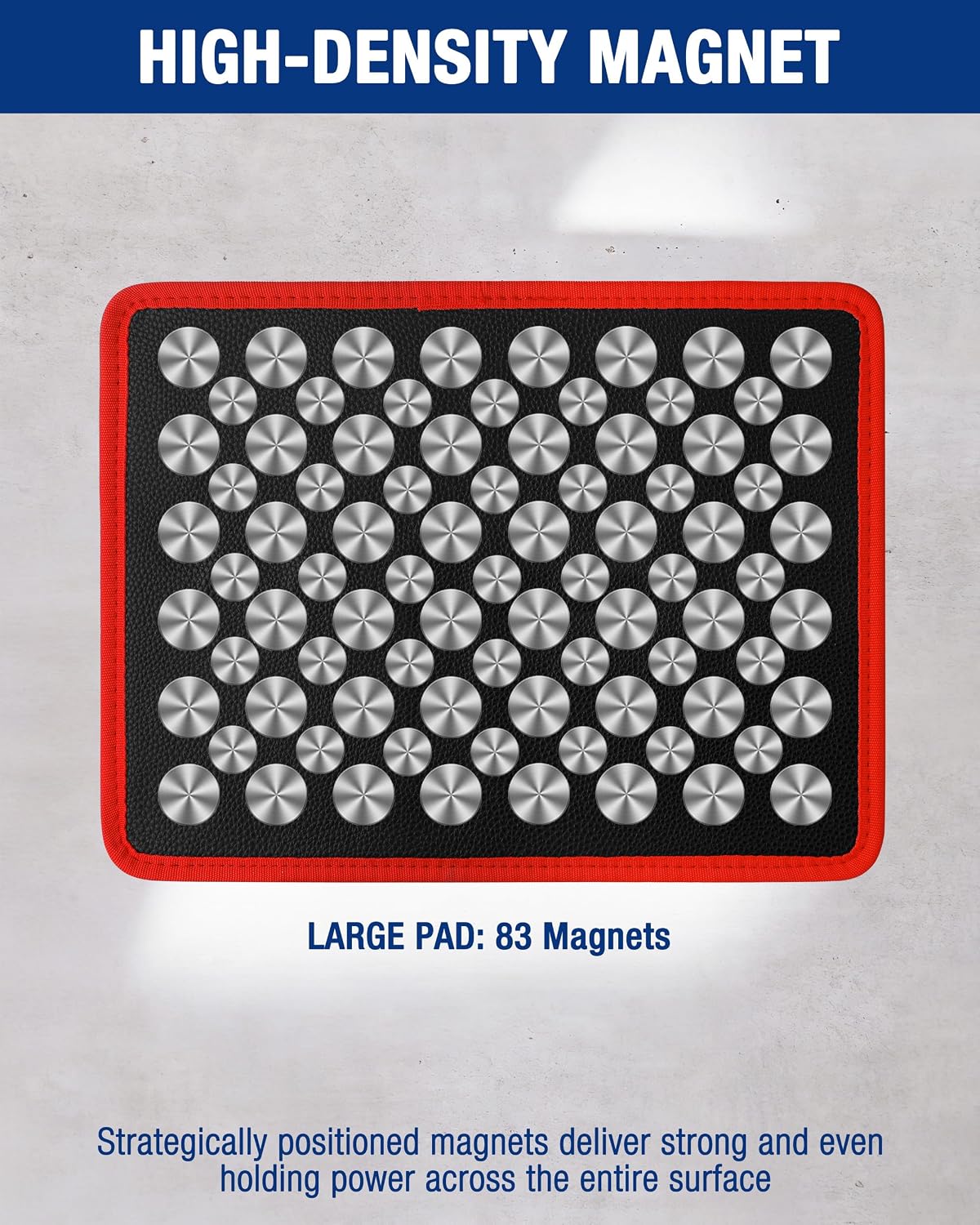 Flexible magnetic tool holder tray with circular magnet pattern on black surface and red border.