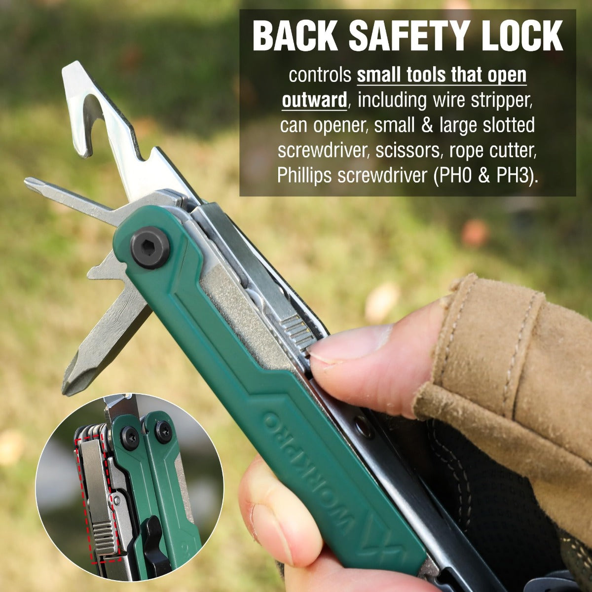 18-in-1 multi tool pliers, green in hand with multiple blades and lock inset