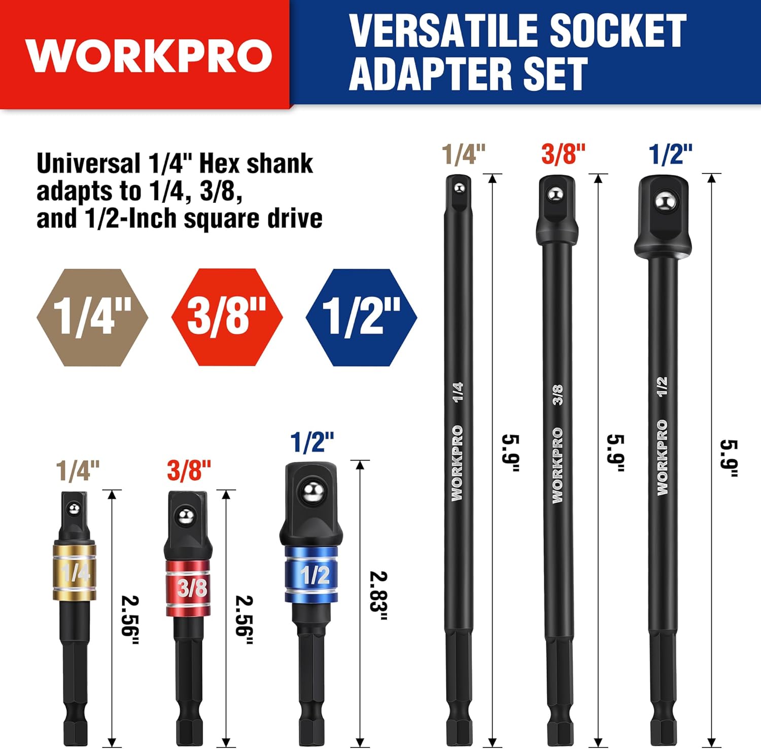 WORKPRO universal socket adapter set for 1/4 in, 3/8 in, and 1/2 in drives, 9-piece