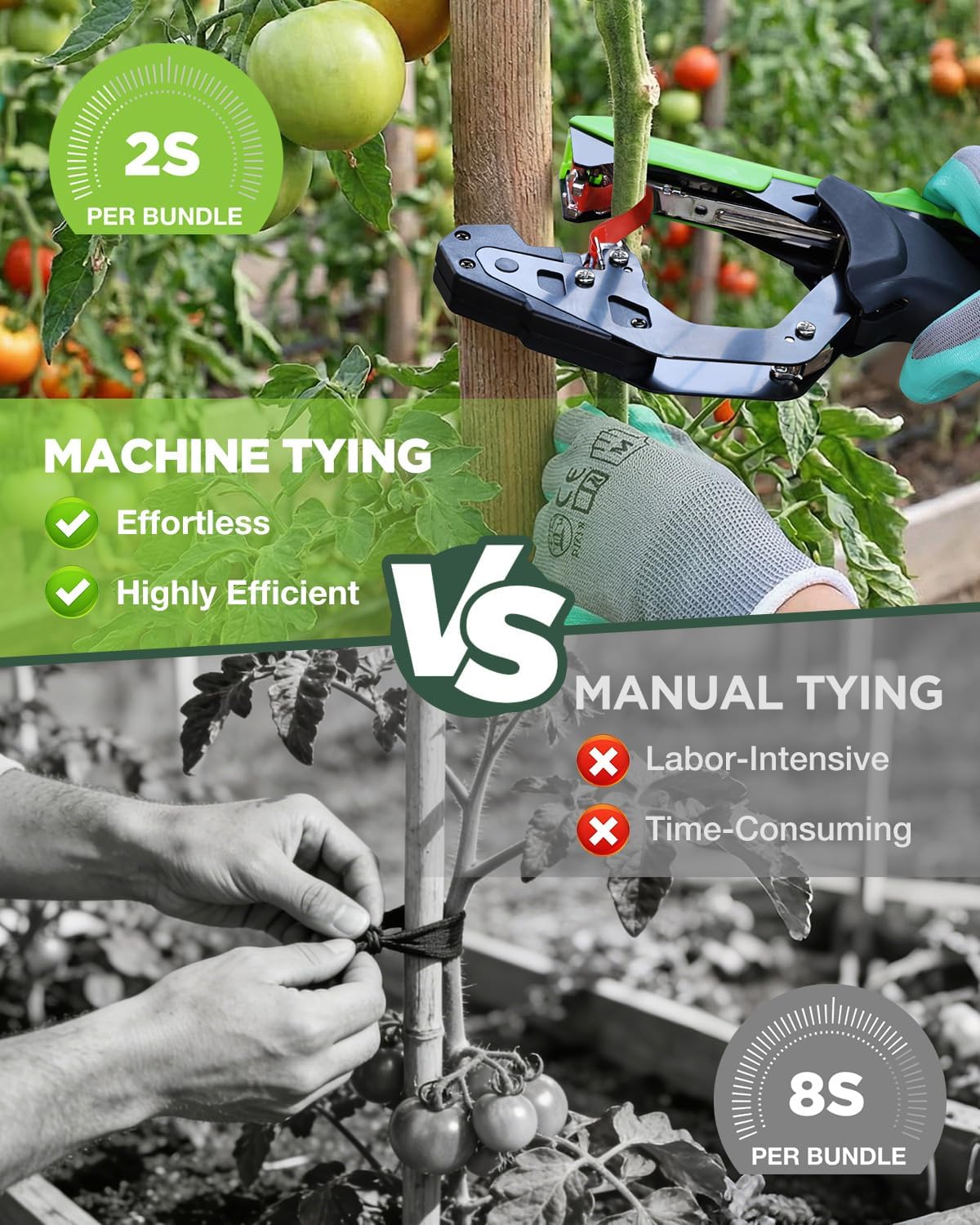 Plant tying machine with gloved hand, binding stems for supported vine bundles