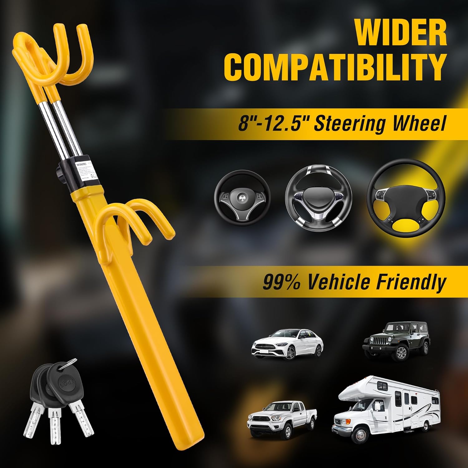 Yellow steering wheel lock with double hooks and steel rod, visible key hole and keys