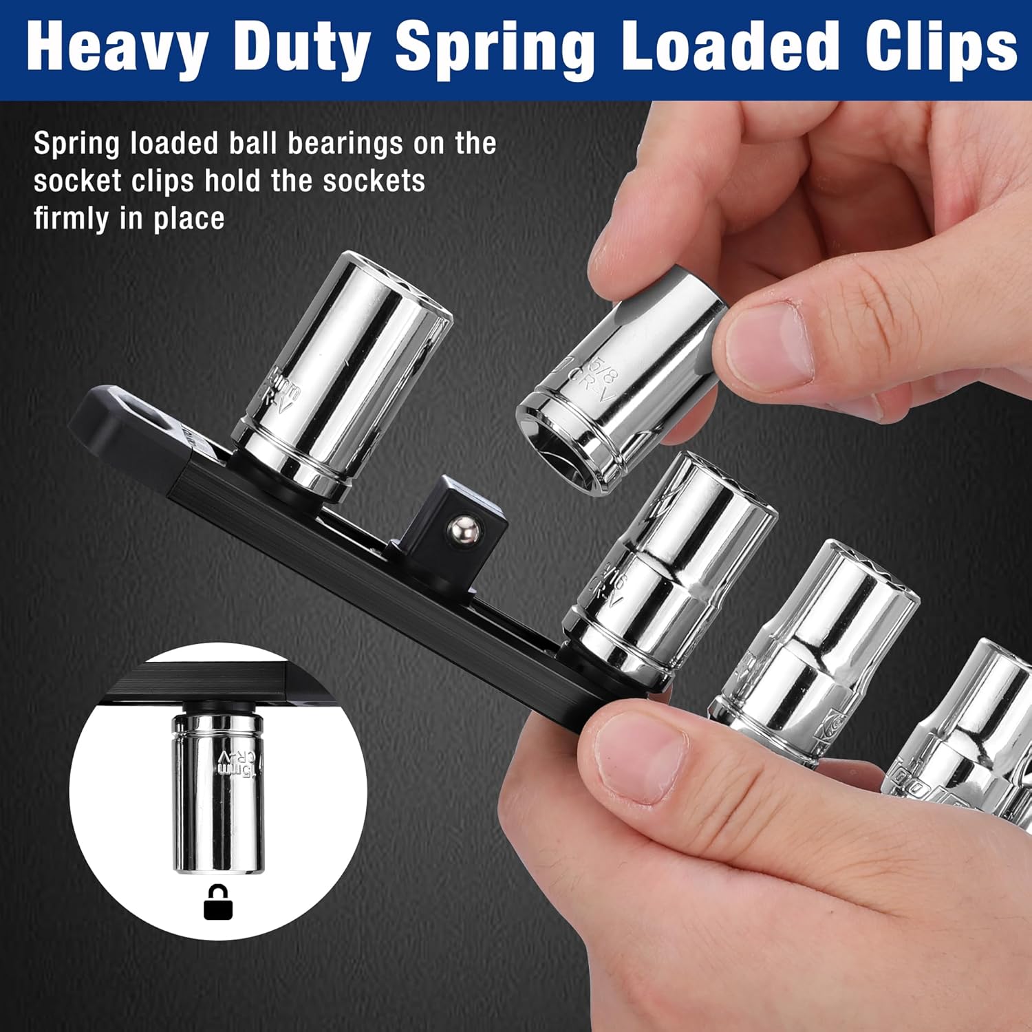 Black magnetic socket rail with spring-loaded clips holding chrome sockets