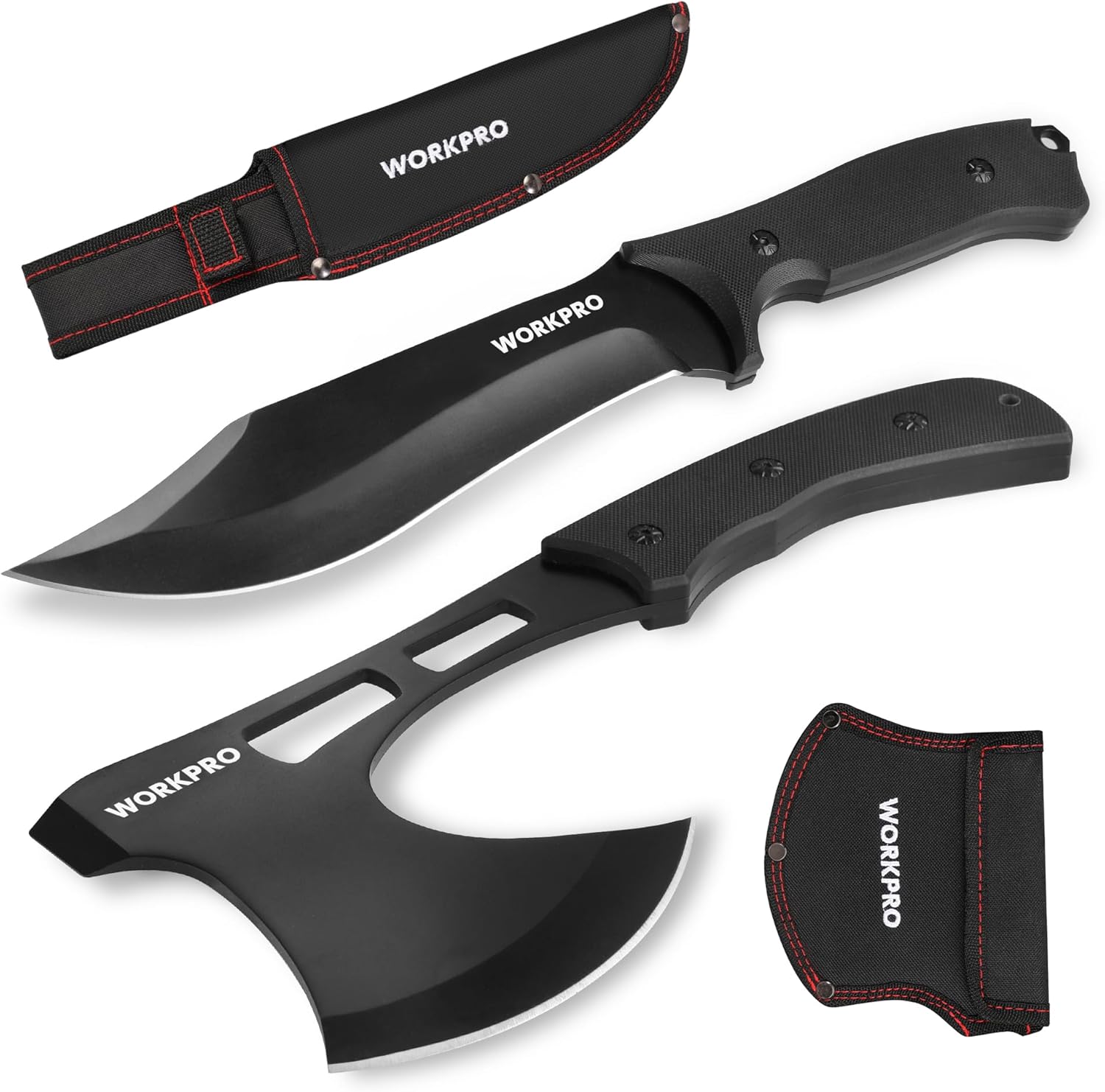 WORKPRO black fixed blade knife and tactical hatchet axe with matching sheath set