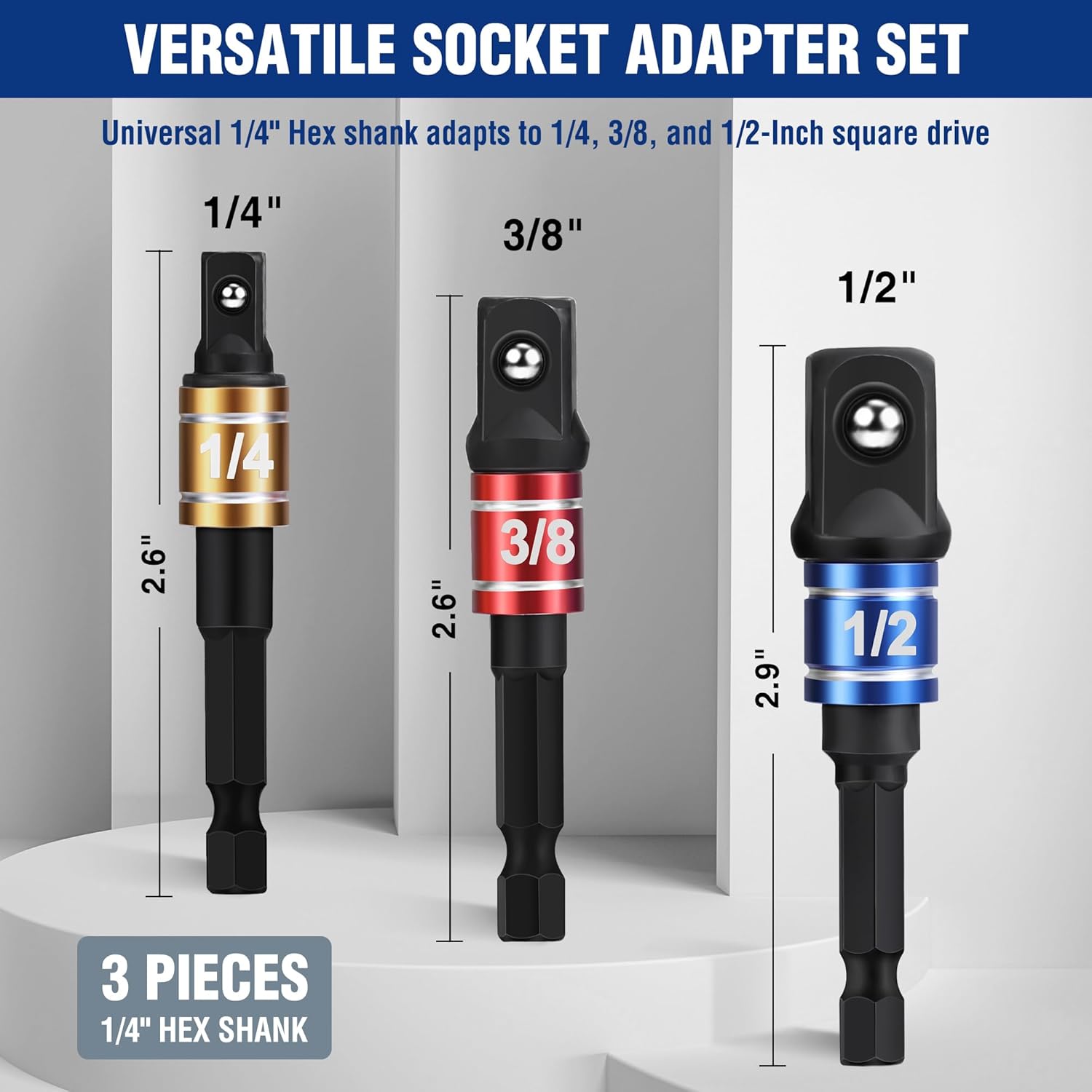 3-piece socket adapter set with 1/4 hex shank drive, 3 sizes, black holder with rings