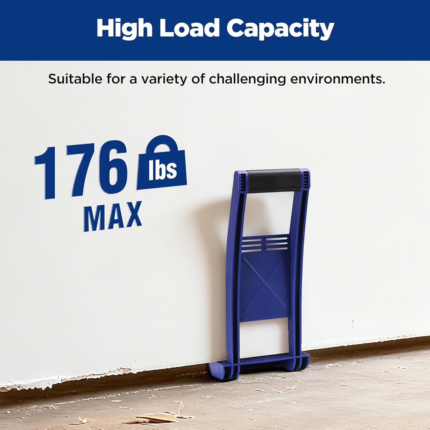 Blue heavy-duty panel carrier with open frame and front feet on the floor