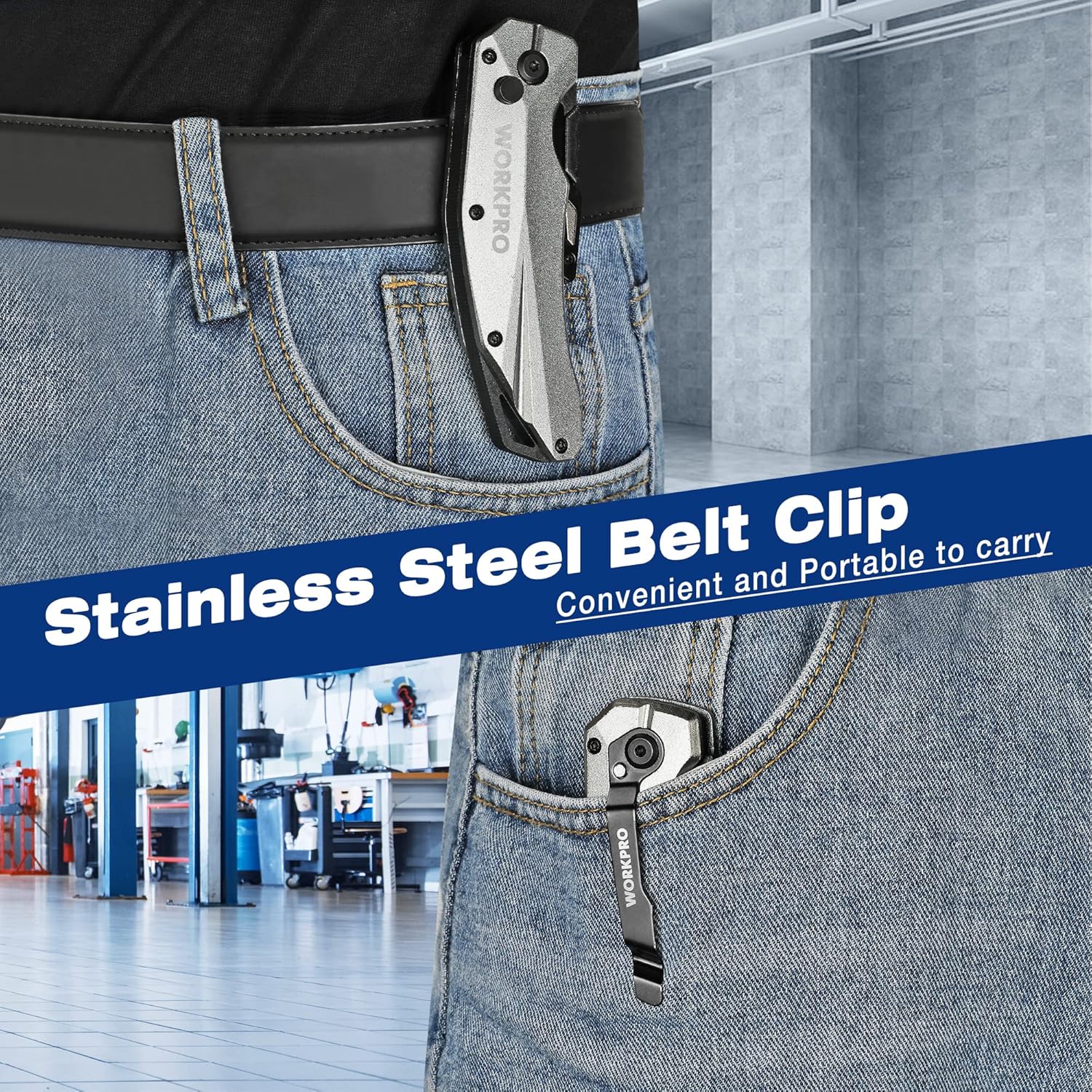 WORKPRO utility knife clipped to jeans pocket with stainless steel belt clip