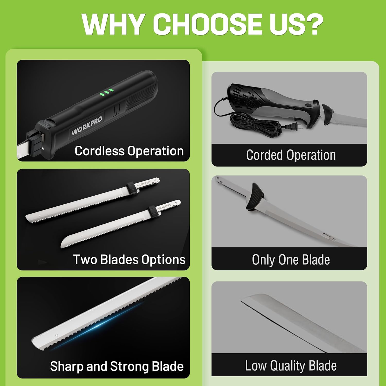 Cordless electric carving knife with black handle and two stainless blade options