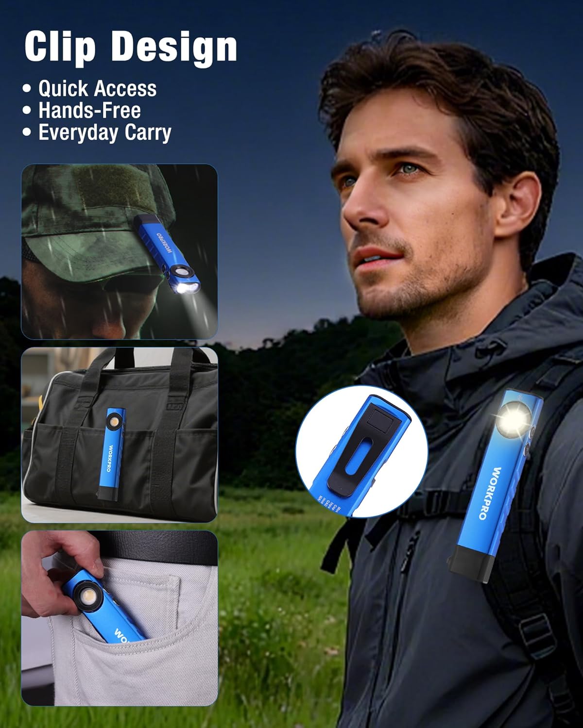 Blue WORKPRO clip-on flashlight for hands-free carry on a pocket or strap.