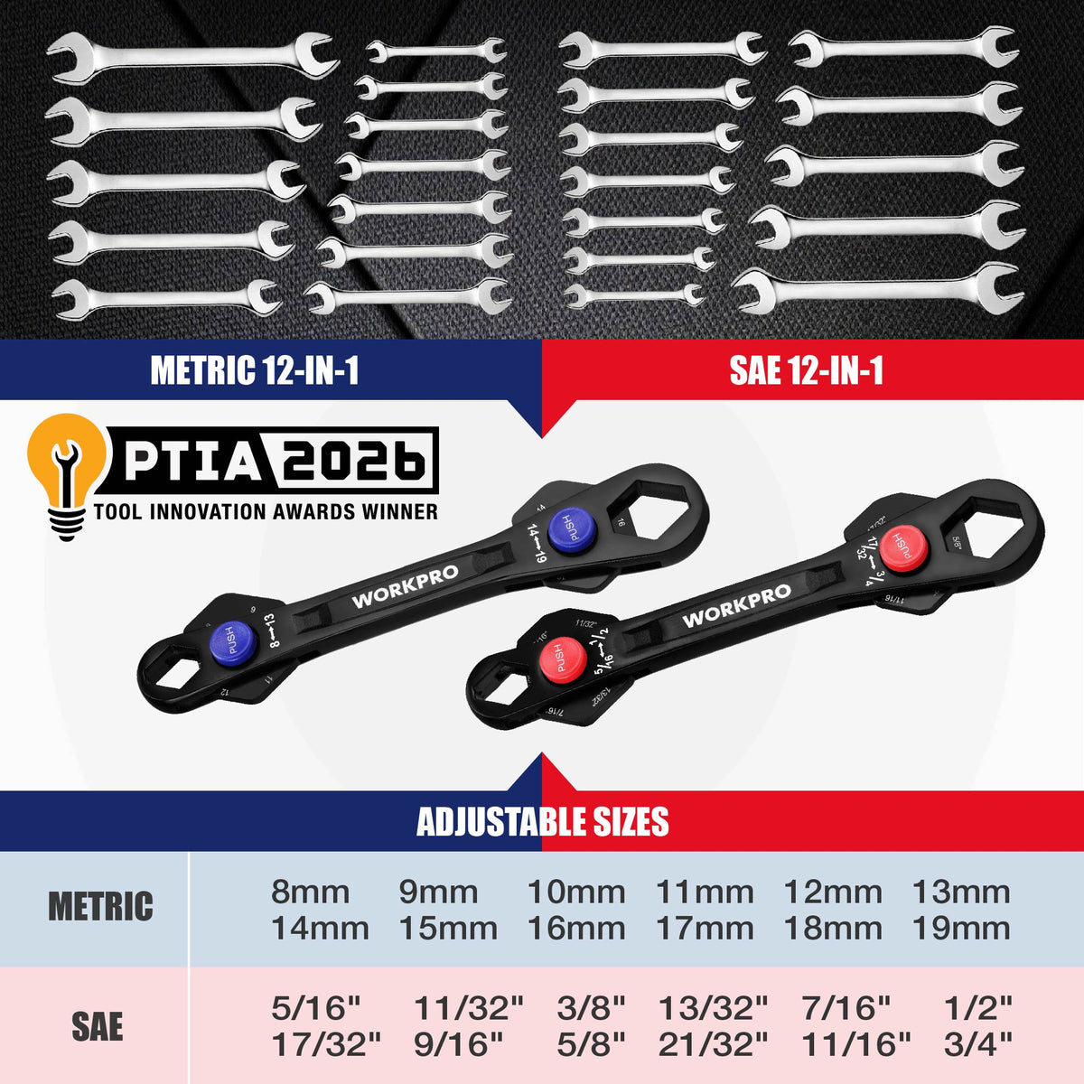 WORKPRO 2-Piece 12-in-1 Universal Adjustable Wrench Set, 8-19mm Metric & 5/16"-3/4" SAE Multi-Size Wrenches with Heat-Treated Cr-Mo Steel, ASME Standard, Multi-Position Head, for Home, Workshop, DIY