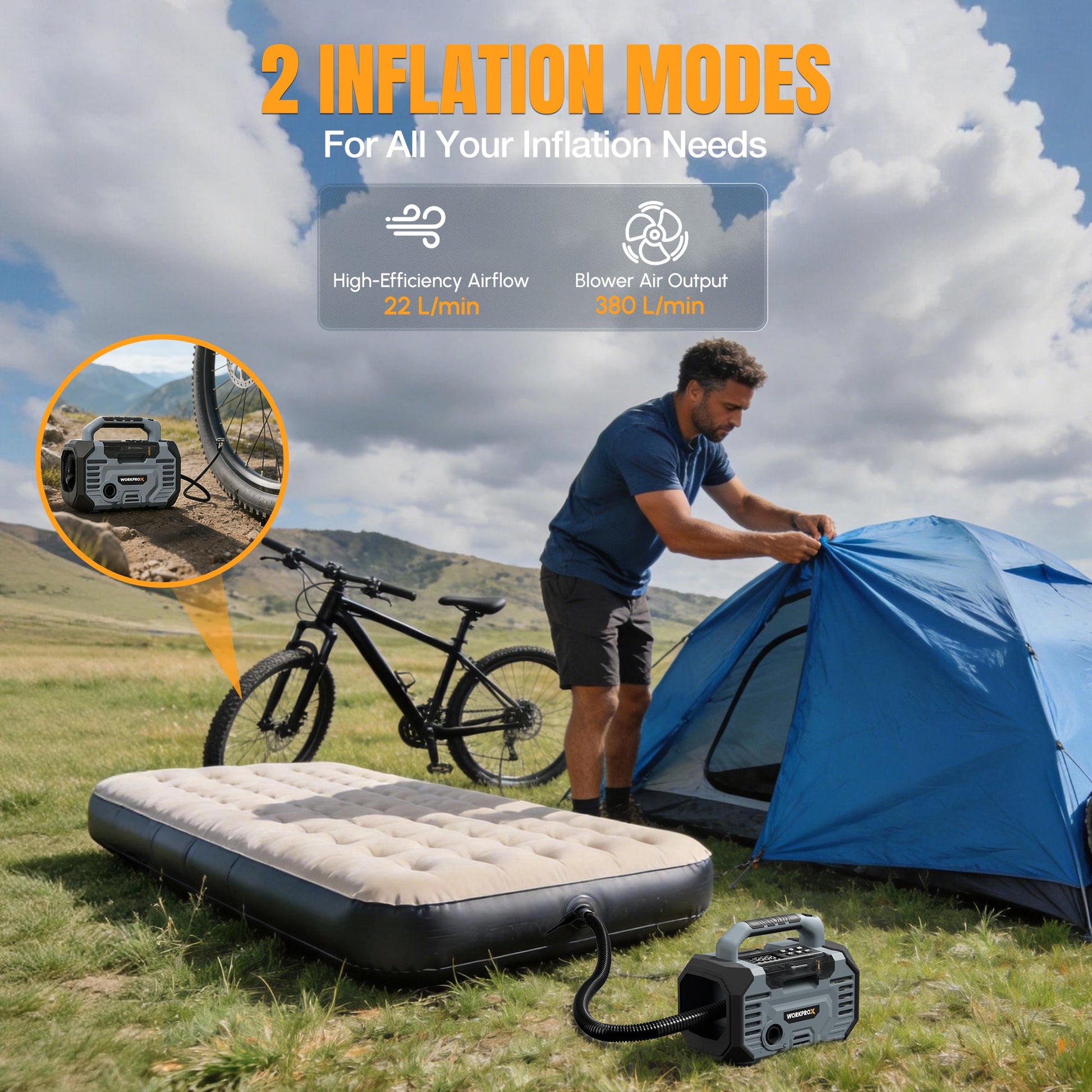 Portable air compressor inflating an air mattress with hose connected to the unit.