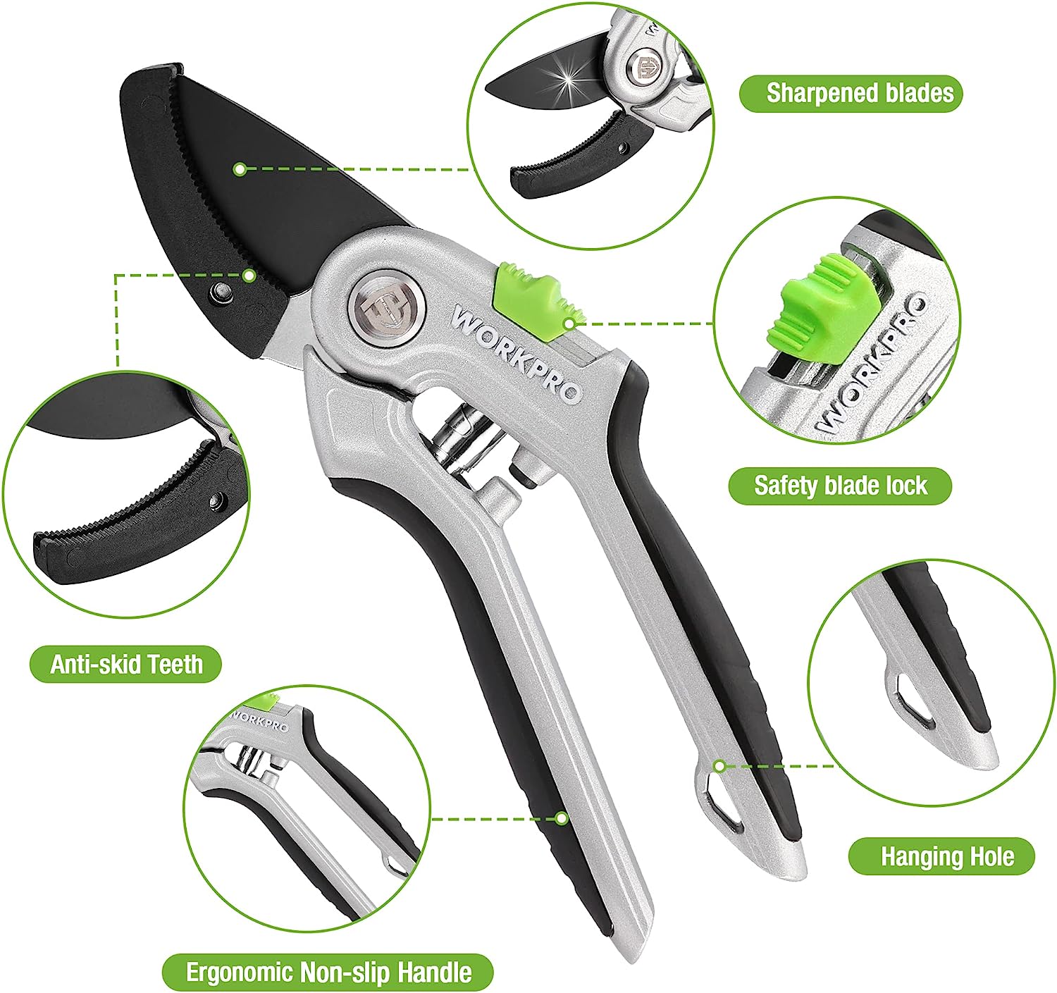 Anvil pruning shears shown with non-slip handle and safety blade lock
