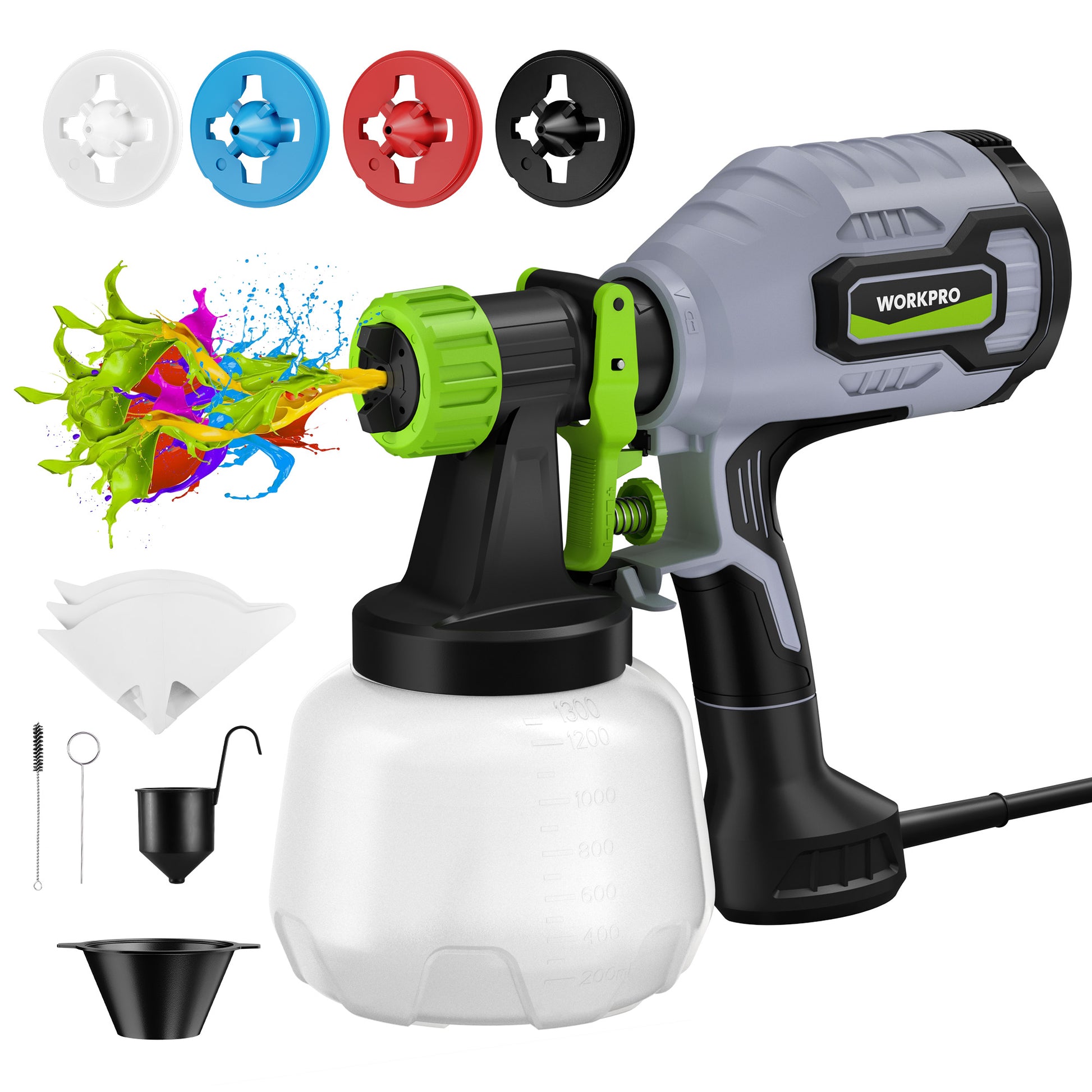 HVLP paint sprayer with green front nozzle and gray motor housing, plus spray accessories
