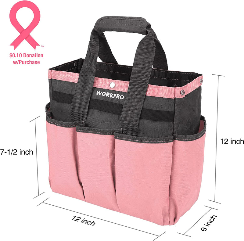 WORKPRO Garden Tool Bag, Pink Garden Tote Storage Bag with 8 Pockets, Polyester Oxford Cloth Tool Bag, Garden Tool Kit Holder (Tools Not Included), 12" x 12" x 6", Pink Ribbon (W)